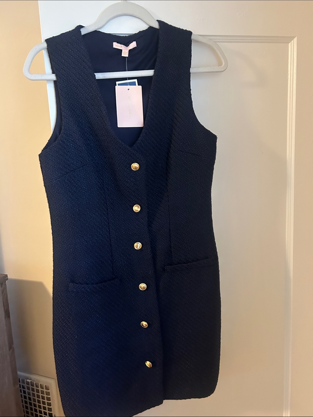 Navy Textured V-Neck Shift Dress with Gold Buttons